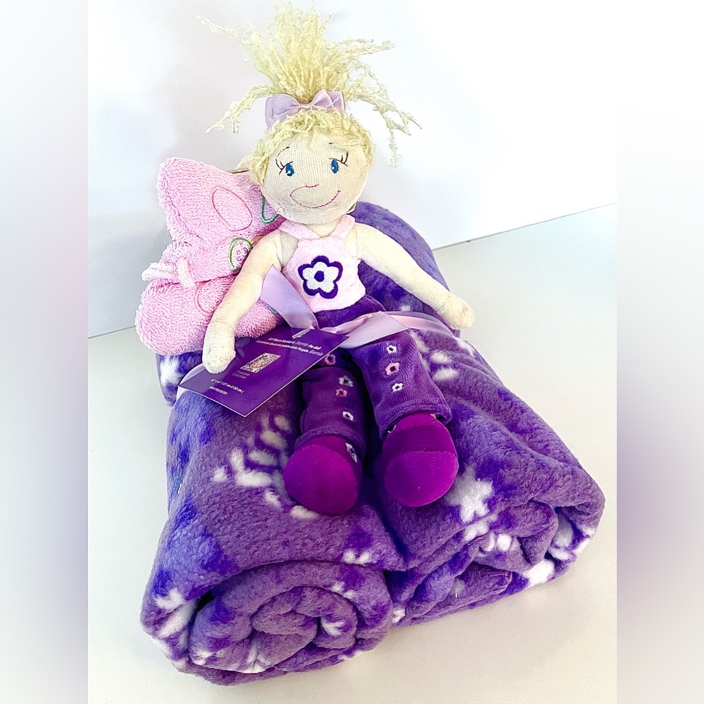 Fleece Blanket and Plush Doll Gift Set Purple Pink